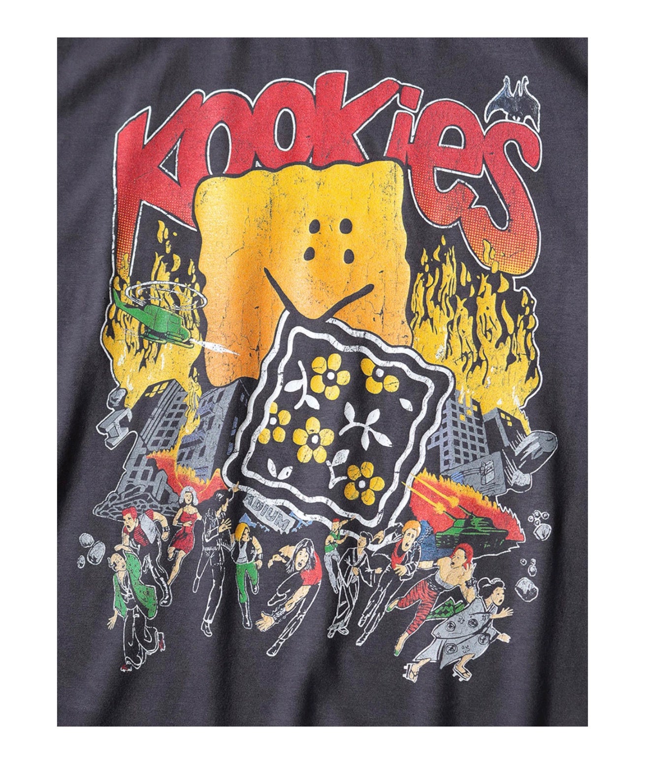 Japanese batik wash distressed cracked fun print crew neck loose T