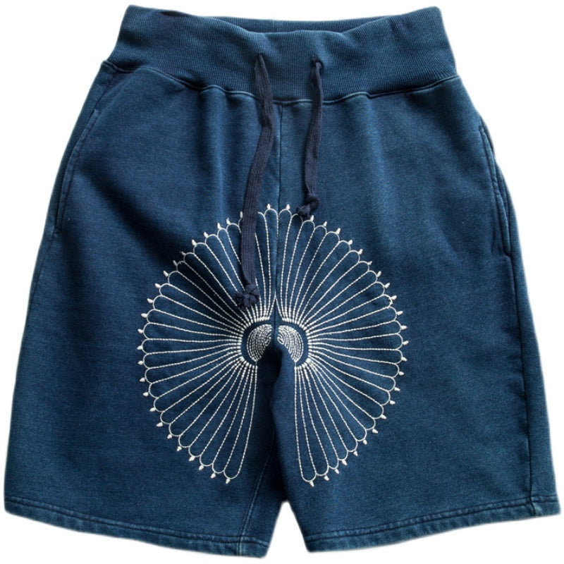 Japanese Blue dyed embroidered chrysanthemum shorts elastic waist