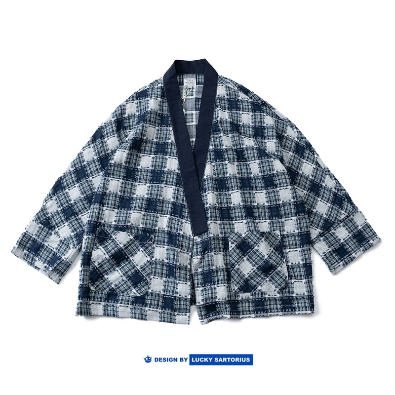 Japanese ethnic style, personality, raw edges, blue checkered, light and thin, loose dropped shoulders, casual robes, jackets, jackets for men and women