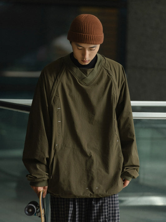 Army Green Heavy Outdoor Hooded Sweatshirt – Removable Sleeves V-Neck Nylon (Unisex)