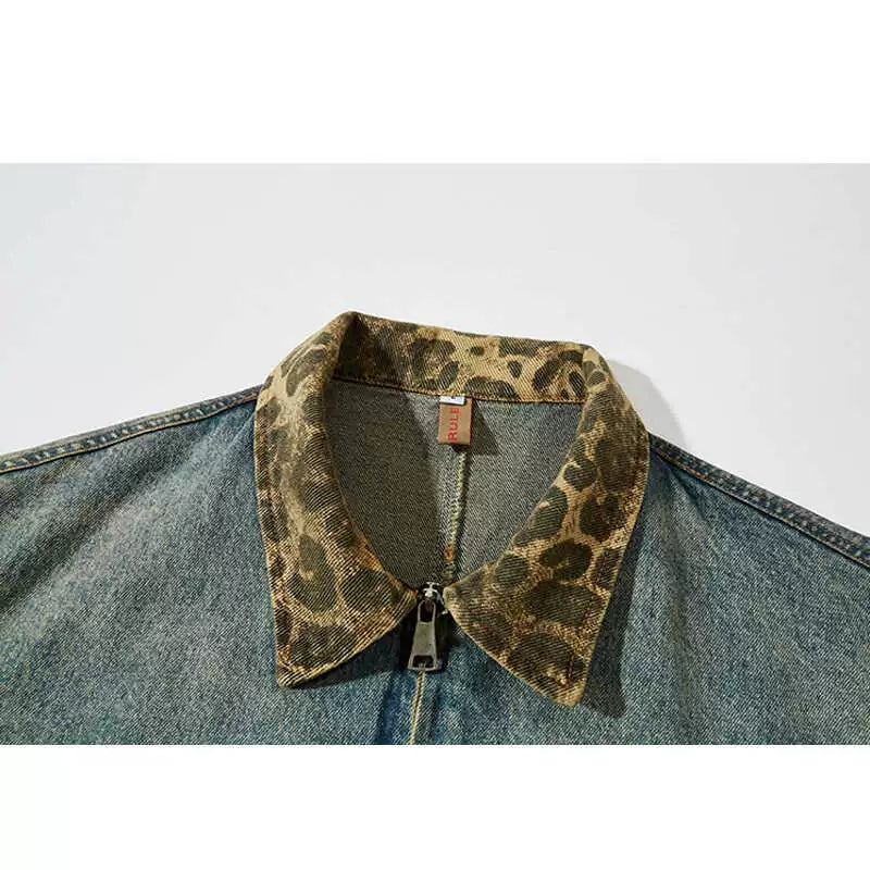 Japanese vintage autumn wash distressed denim jacket men's autumn fashion brand leopard print lapel patchwork embroidered jacket