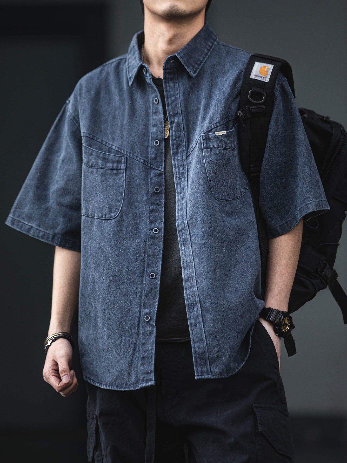 American Retro Washed Denim Short Sleeve Shirt – Loose Workwear Men’s Summer Top – Japanese vintage | yamalin clothes | Yamalinclothes
