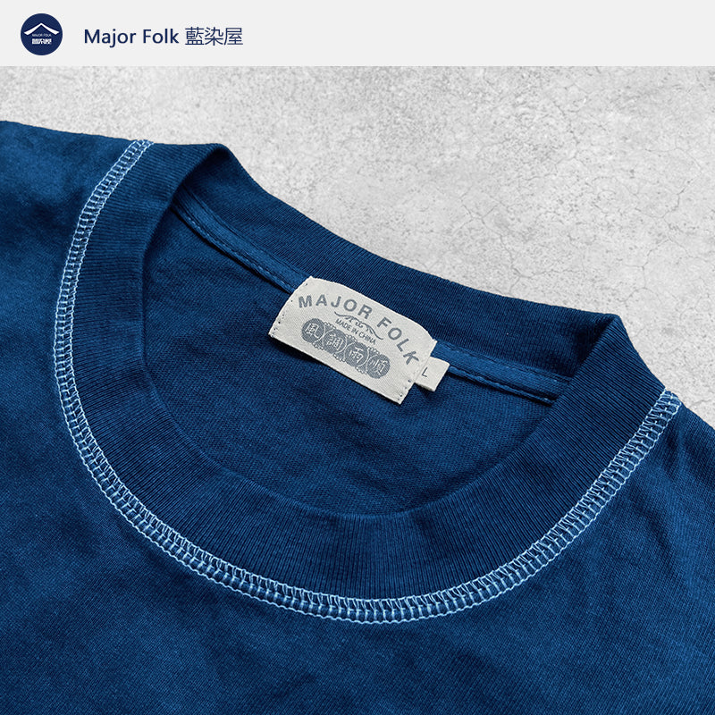 Plant indigo dyeing triangular sashiko embroidery pocket indigo short-sleeved solid color round neck T-shirt indigo men