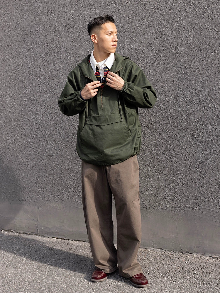 WATERPROOF HOODED PULLOVER JACKET RETRO MIDI SOLID COLOR WATERPROOF ARMY GREEN JAPANESE 2024 NEW