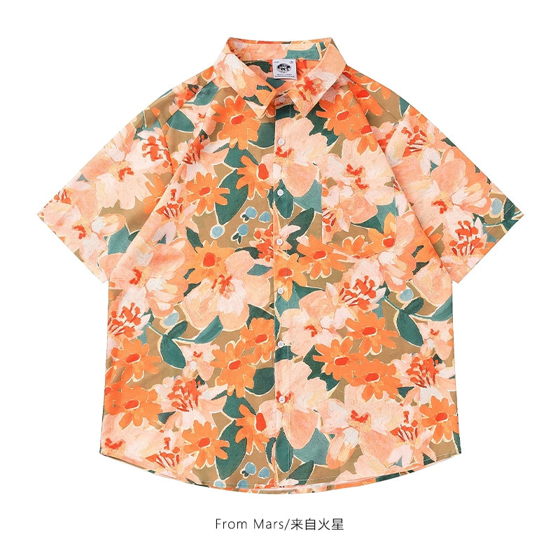 Oil painting art sense retro casual lazy Hawaiian style short-sleeved shirt