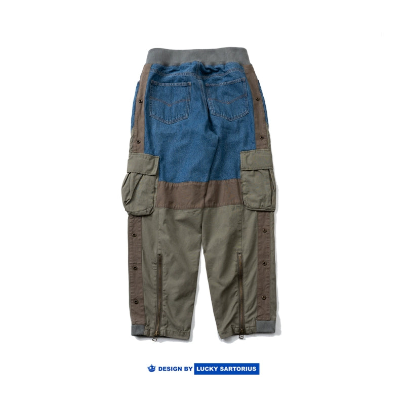 Personality original men's wear deconstructed multi-material stitching element style washed multi-pocket cargo pants casual pants men's trend