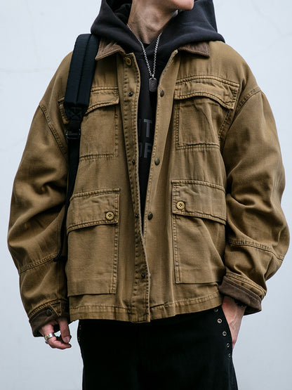 Cotton Cargo Jacket – Corduroy Collar & Four Pockets | Yamalin clothes | Vintage workwear outfit for men