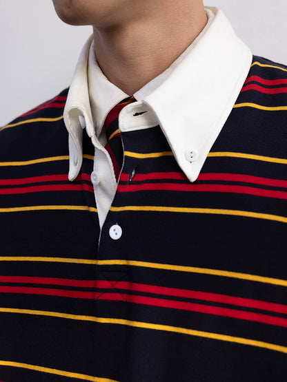 2025 STRIPED BUTTON-DOWN NECK RUGBY SHIRT LONG SLEEVE STYLE YOUTH NO-IRON POP COLOR MATCHING POP