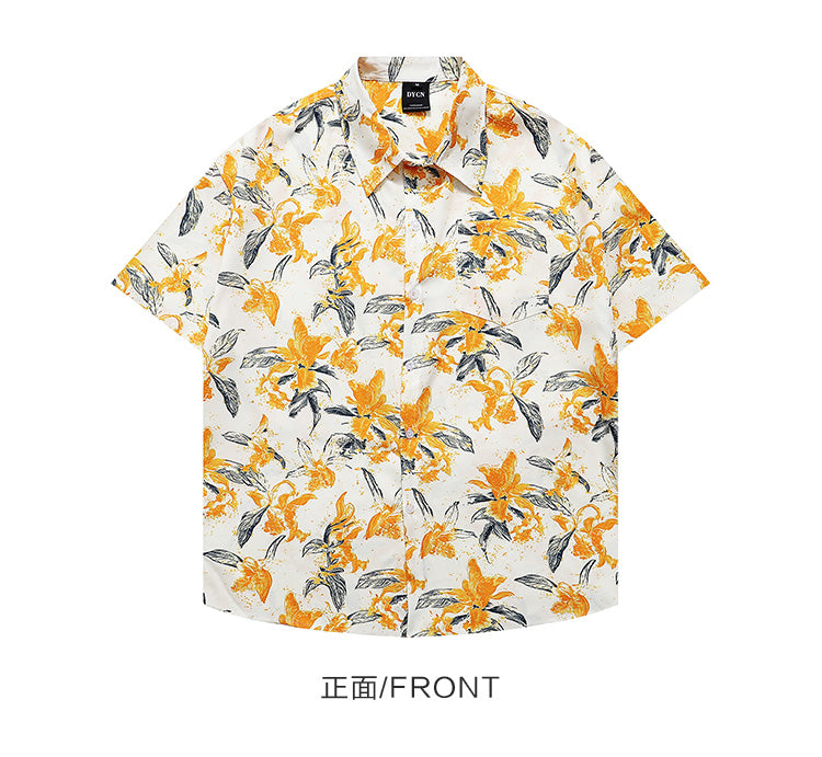 Japanese vintage floral all-over shirt men's Hawaiian seaside small fresh loose thin floral shirt