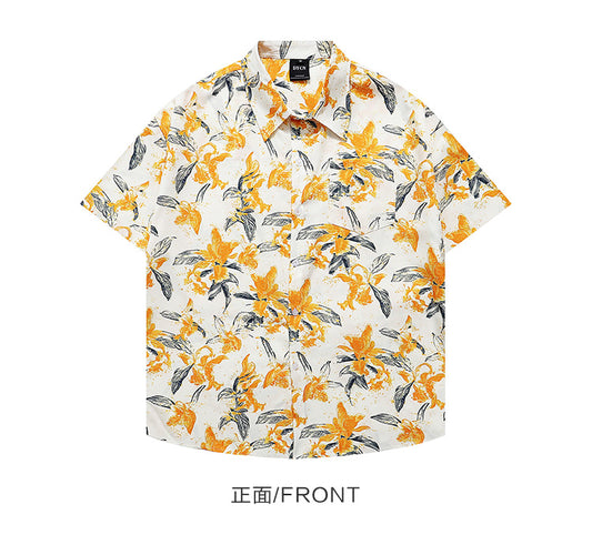 Japanese vintage floral all-over shirt men's Hawaiian seaside small fresh loose thin floral shirt