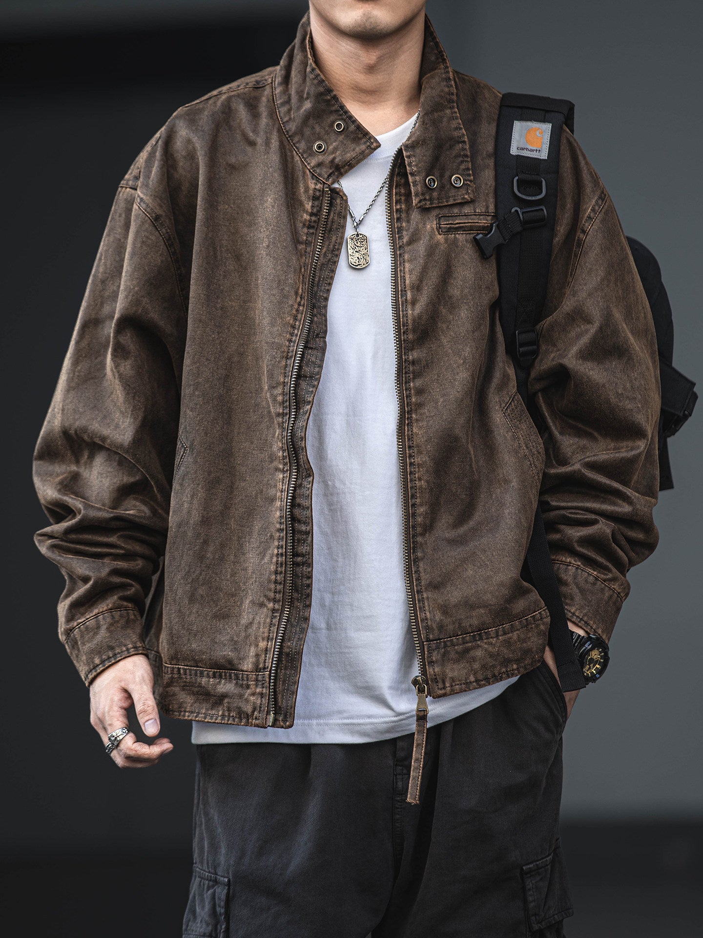 Distressed Oil Wax Cargo Bomber Jacket – Loose Unisex American Streetwear – Japanese vintage | yamalin clothes | Yamalinclothes