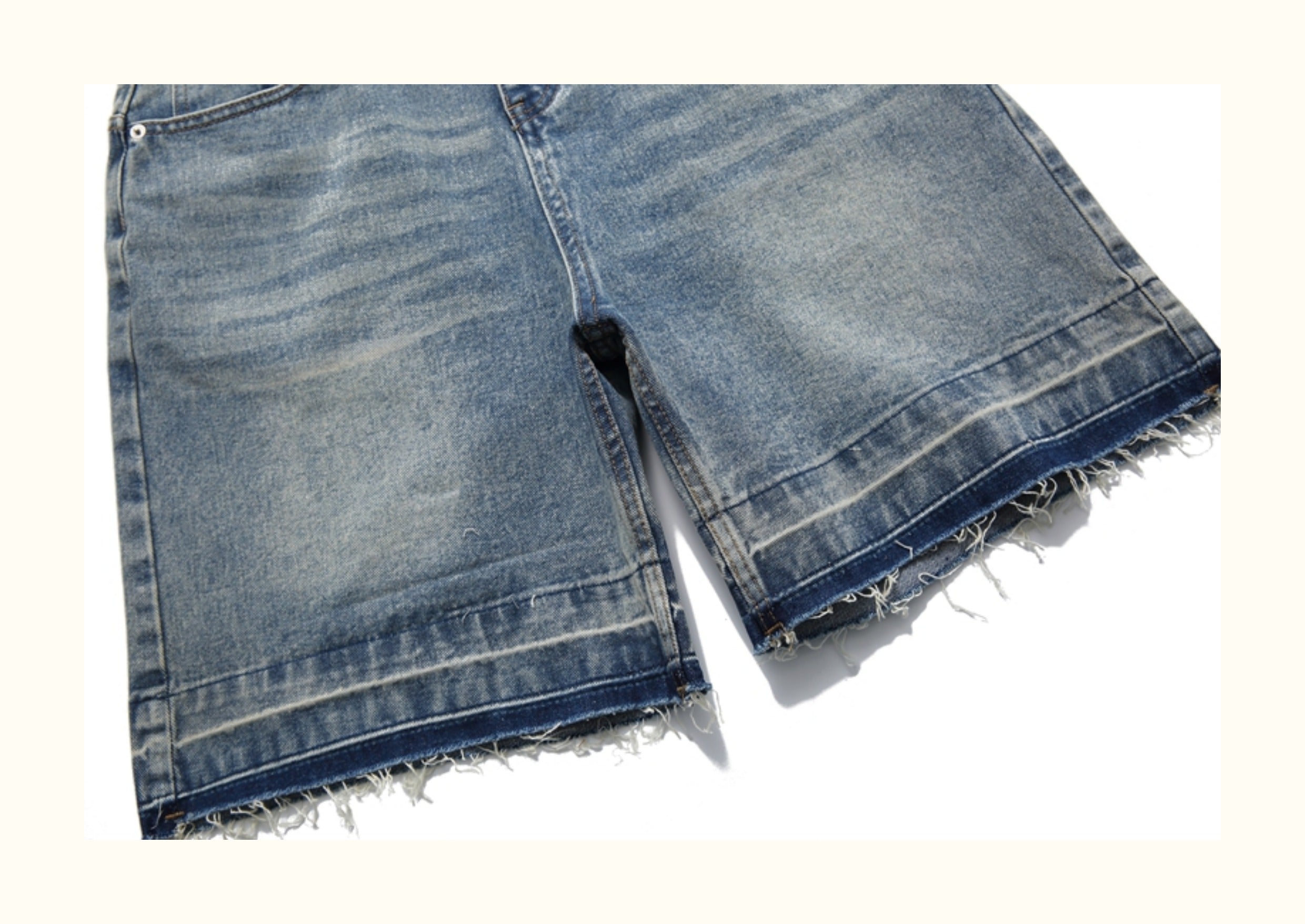 Splicing raw edges, washed, frayed white, distressed denim shorts, men's American trendy brand, summer loose casual shorts