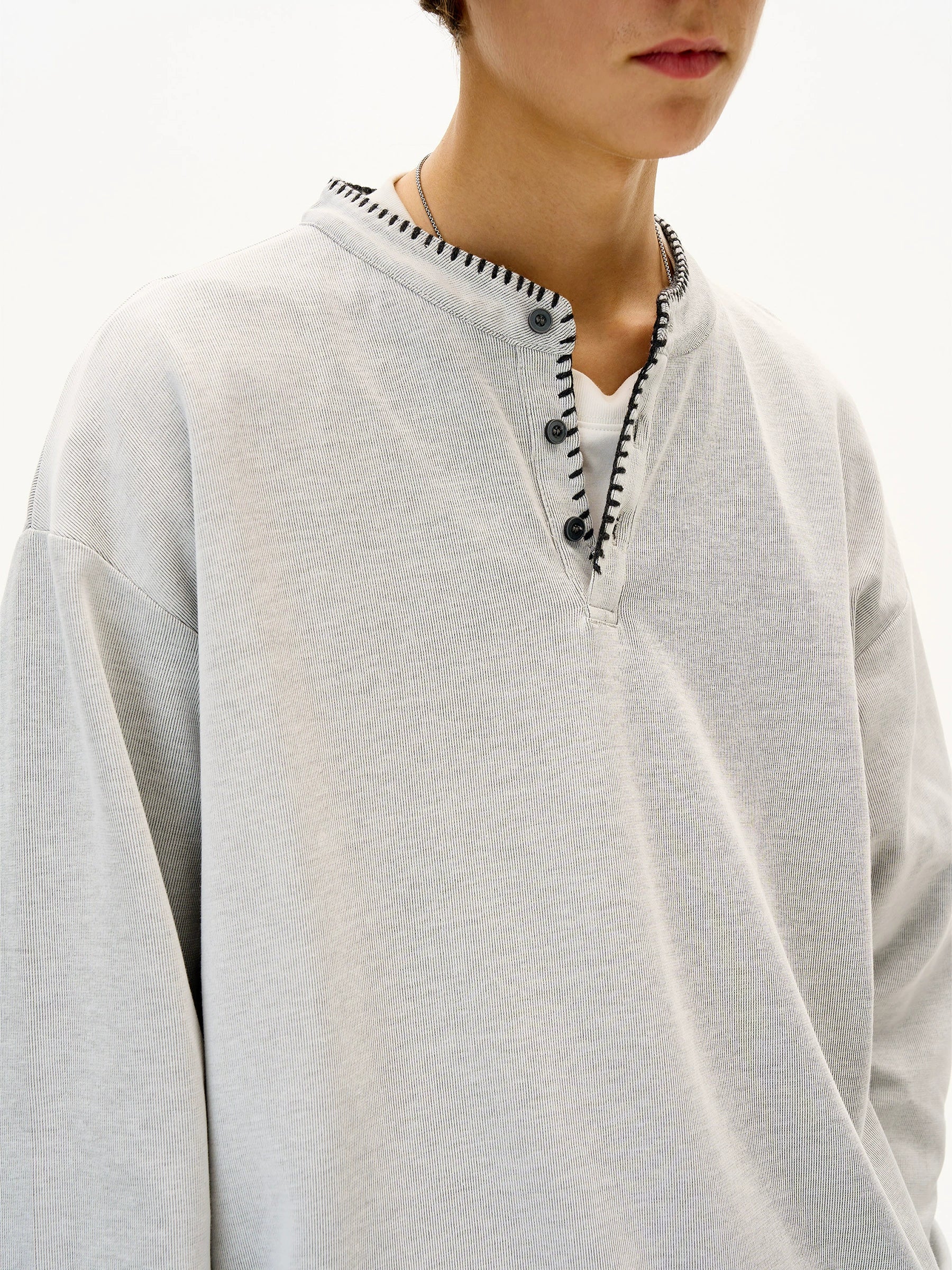 Hand-Stitched Henry Collar Knitted Sweatshirt – Old-Money Loose Unisex Top