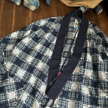 Japanese ethnic style, personality, raw edges, blue checkered, light and thin, loose dropped shoulders, casual robes, jackets, jackets for men and women