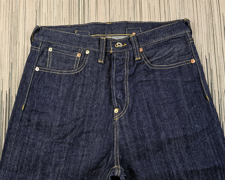 replica red ear air-spun indigo tannins loose high-rise Paris button jeans