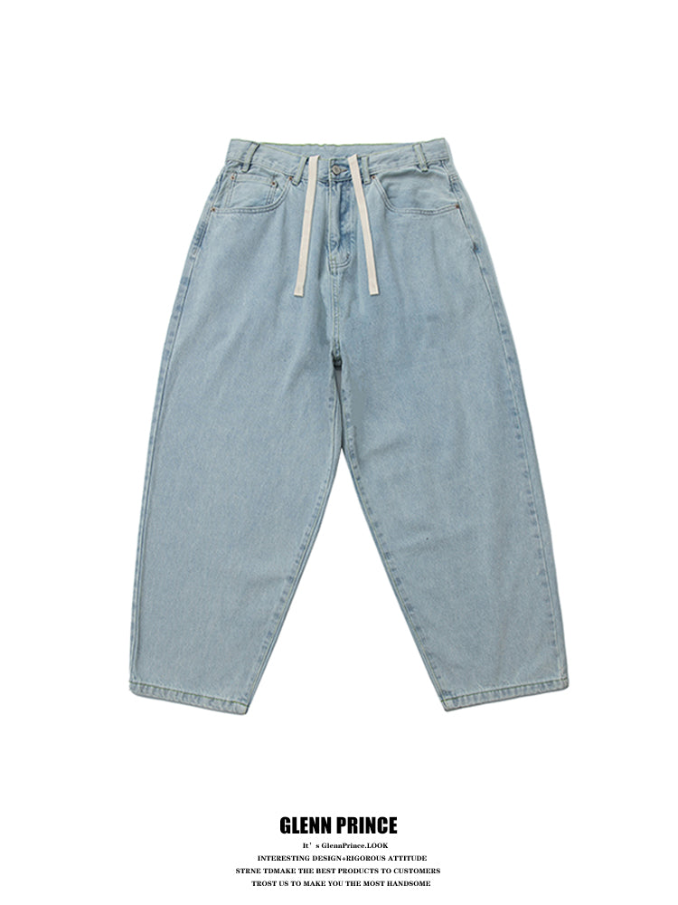 Japanese vintage distressed drawstring straight jeans men's autumn versatile handsome youth wide-leg pants