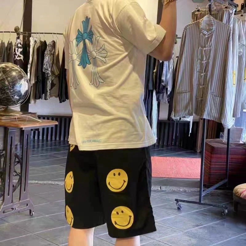 smiling face print Japanese retro trendy loose men's and women's casual shorts