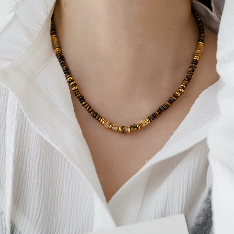 British [designer] Make Kana Maillard style natural tiger's eye necklace stacked clavicle chain ornament