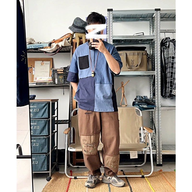 Japanese summer cotton bamboo cotton contrast color stitching loose casual short-sleeved T-shirt