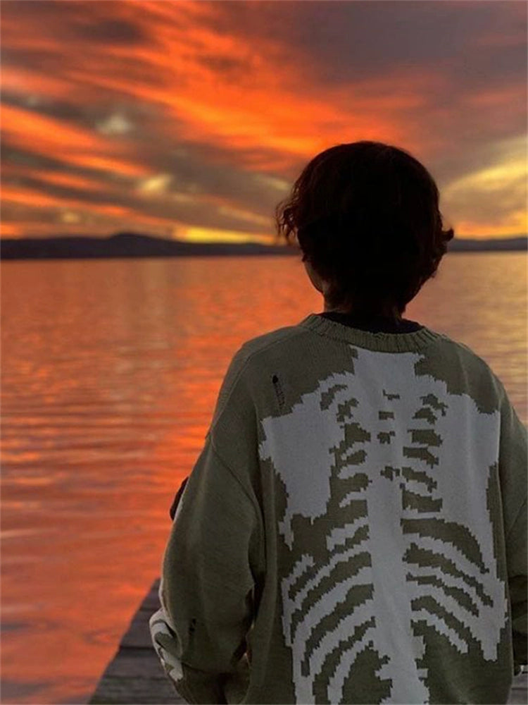 Back skeleton jacquard hole long sleeve loose pullover sweater men and women trendy