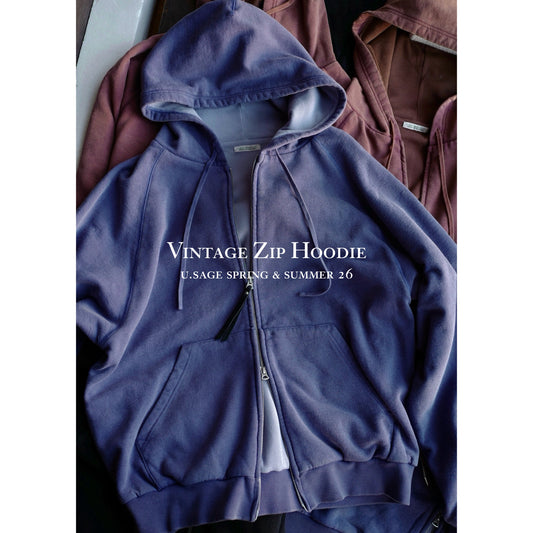 SS26 USAGE VTG Zip Hoodie - Yamalin Heavy Antique Woven Sweatshirt Washable Double Hoodie