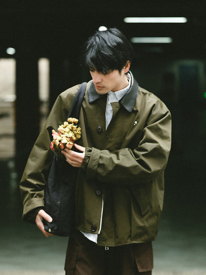 American Vintage Hunting Jacket – Heavy Leather-Collar Harrington Cargo Coat Unisex