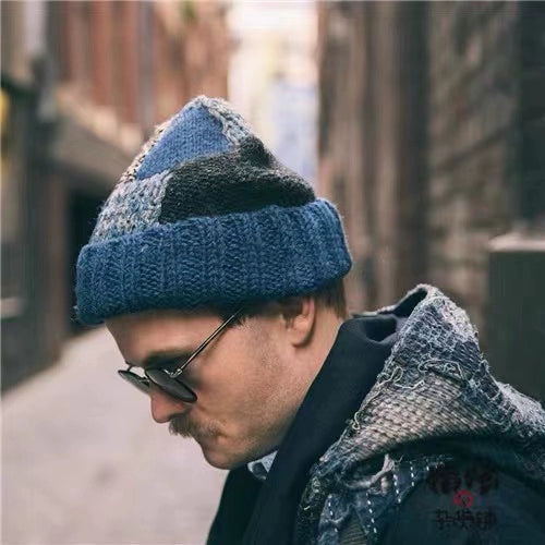 Japanese casual handmade knitted wool blend retro stitching warm woolen hat