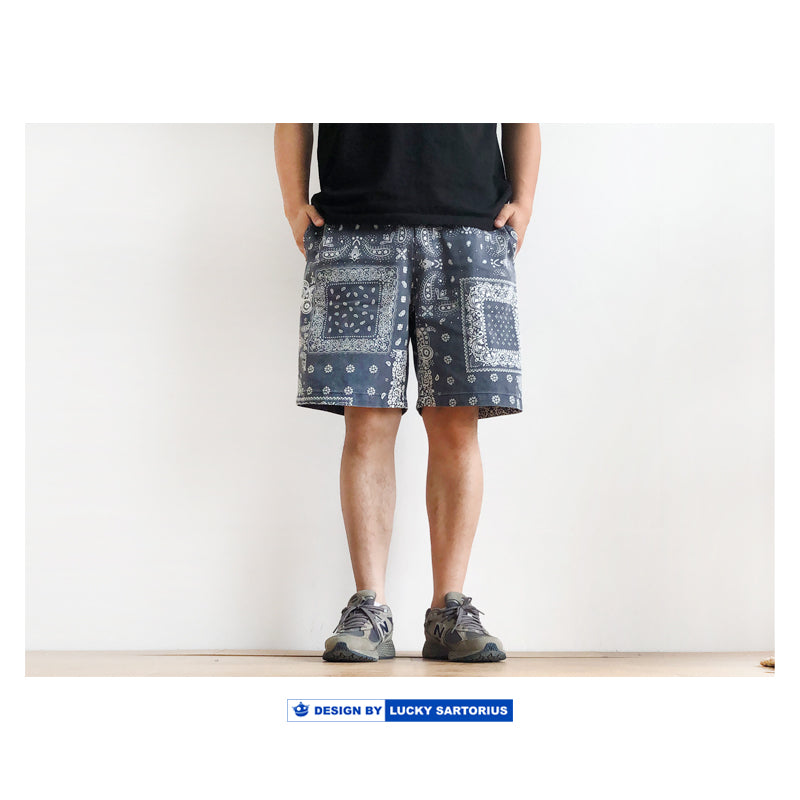 Summer Japanese men's washed carbon gray cashew flower loose casual shorts
