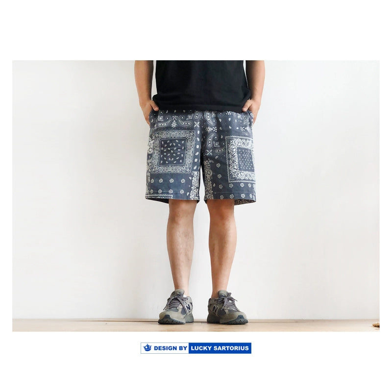 Summer Japanese men's washed charcoal gray cashew flower loose casual shorts men's youth five-point pants beach pants tide
