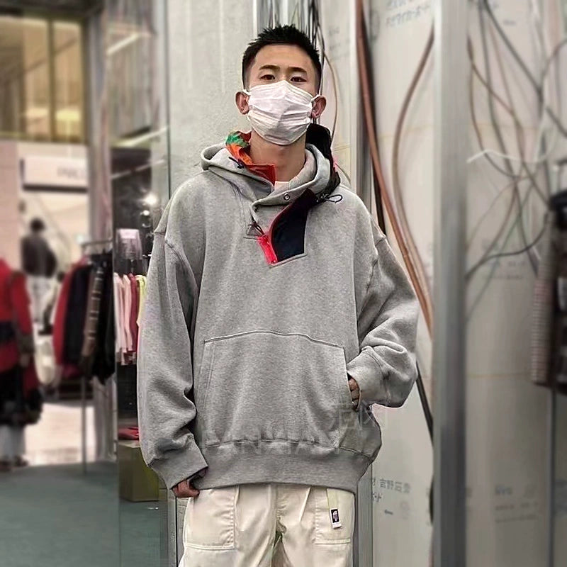 Three-color pure cotton Japanese nylon splicing irregular hooded loose sweatshirt