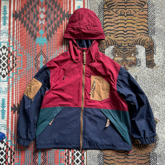 Japanese men's vintage color-block hooded outdoor windproof multi-pocket casual jacket for young men and women