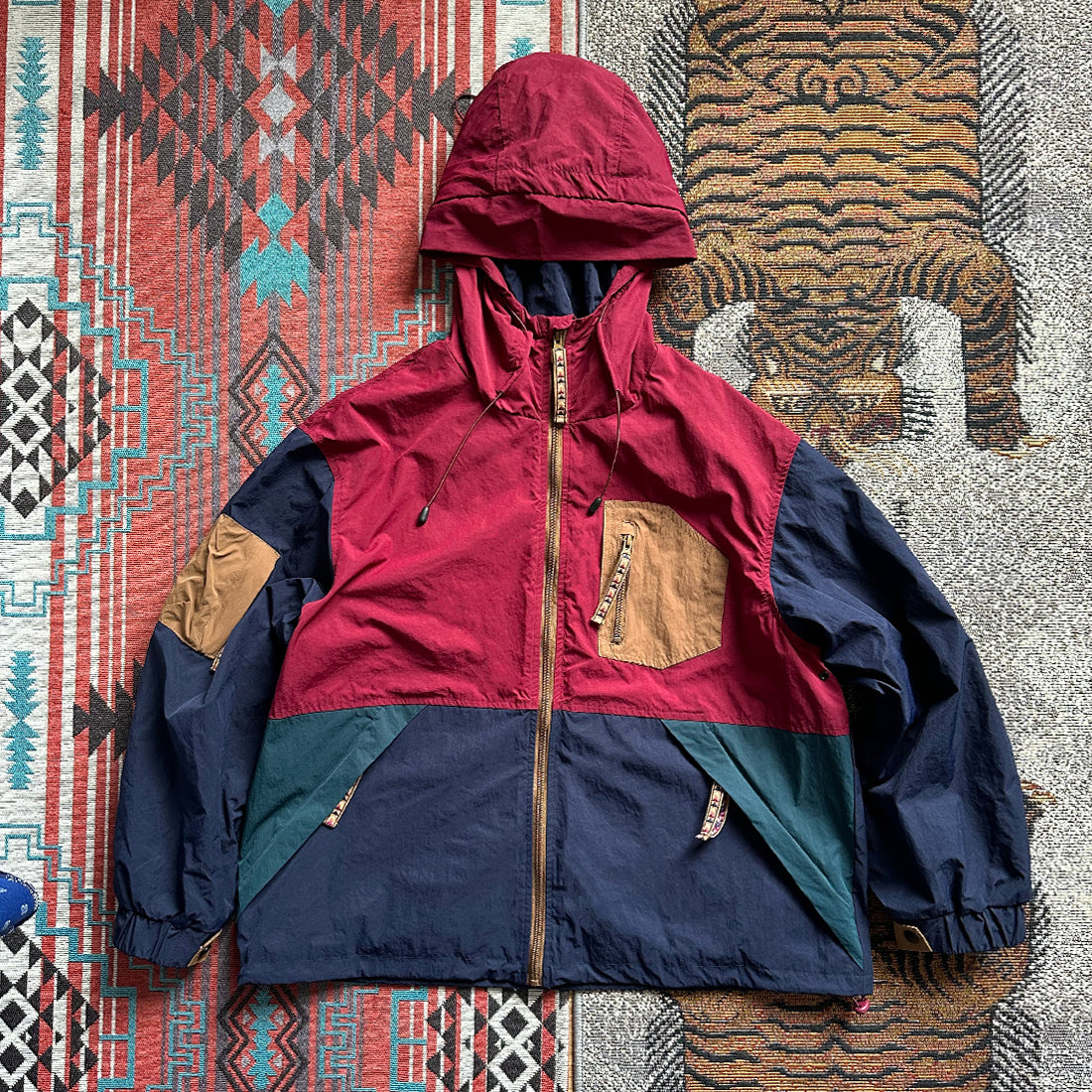 Japanese men's vintage color-block hooded outdoor windproof multi-pocket casual jacket for young men and women