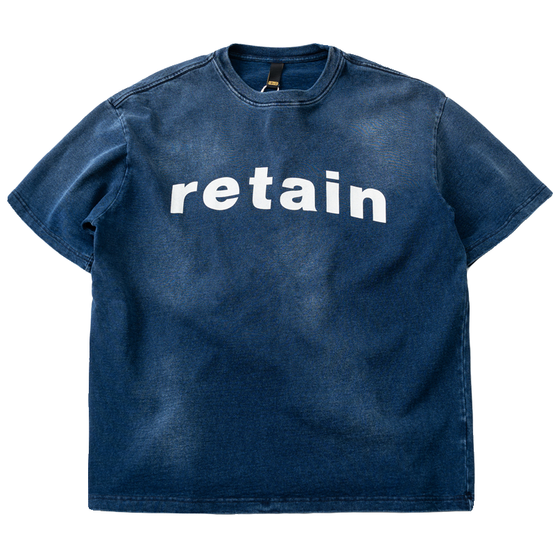 Japanese retro high grammage 320g washed indigo crew neck pullover short sleeve T-shirt English print T-shirt for men and women