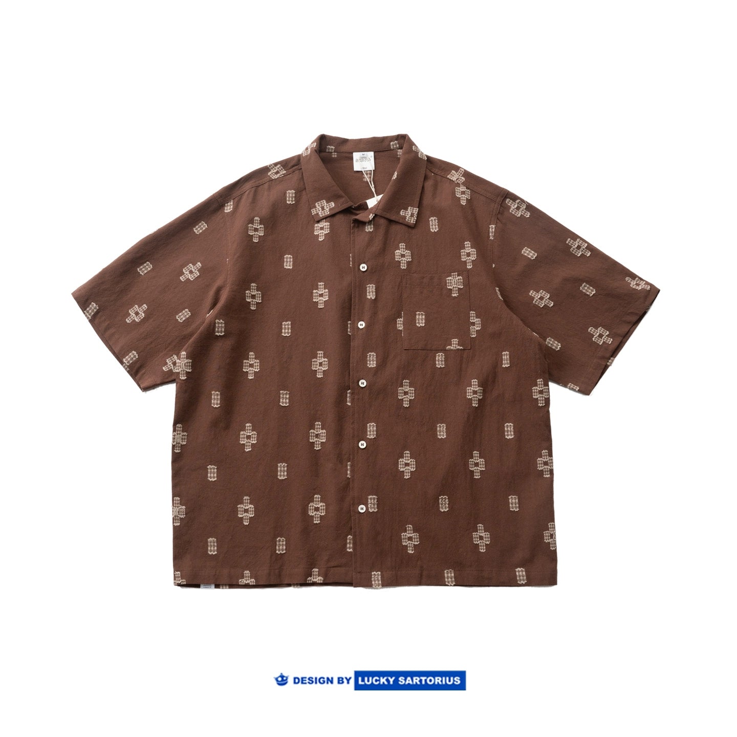 Japanese vintage geometric cut flower short sleeve shirt summer casual loose cuban collar short sleeve shirt jacket for men and women