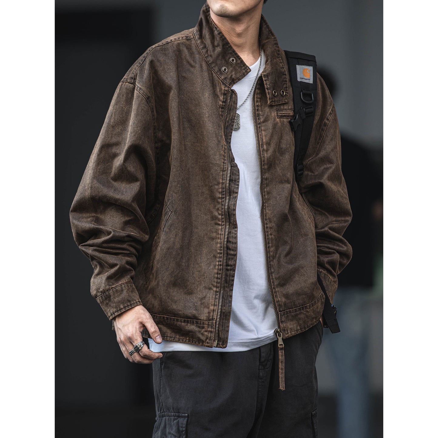 Distressed Oil Wax Cargo Bomber Jacket – Loose Unisex American Streetwear – Japanese vintage | yamalin clothes | Yamalinclothes