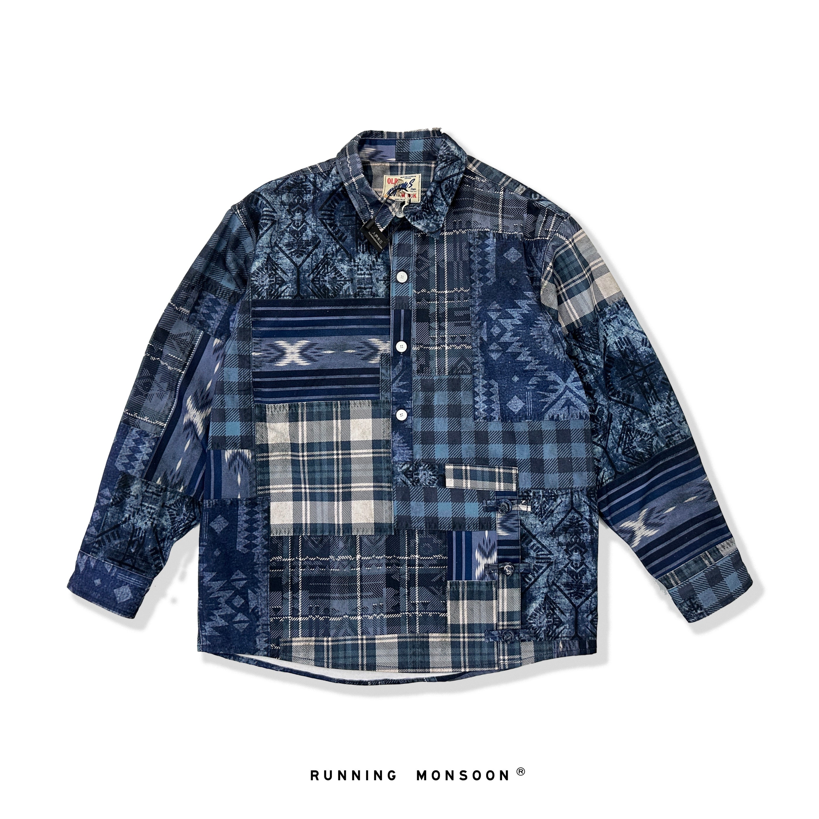 Original Menswear Retro Distressed Plaid Collage Printed Cotton Shirt Long Sleeve Shirt Autumn Winter New Arrivals