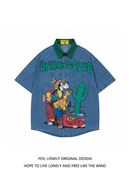 American retro fun cartoon jeans short-sleeved shirt men loose design sense niche shirt