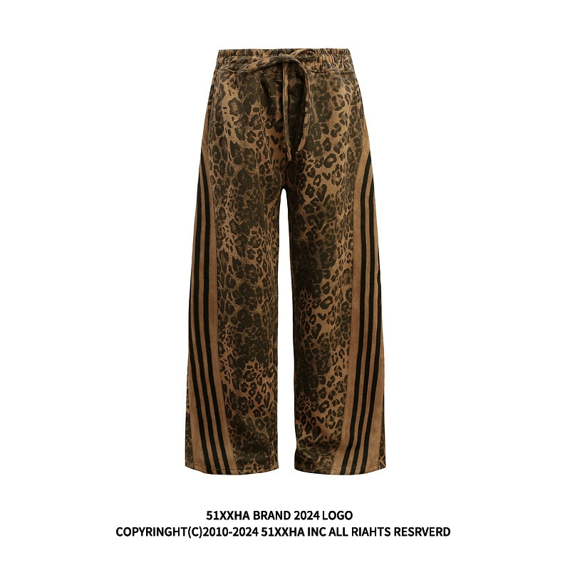 hip-hop American retro striped wide-footed leopard print pants, men's trendy brand, niche design, loose straight-leg slacks