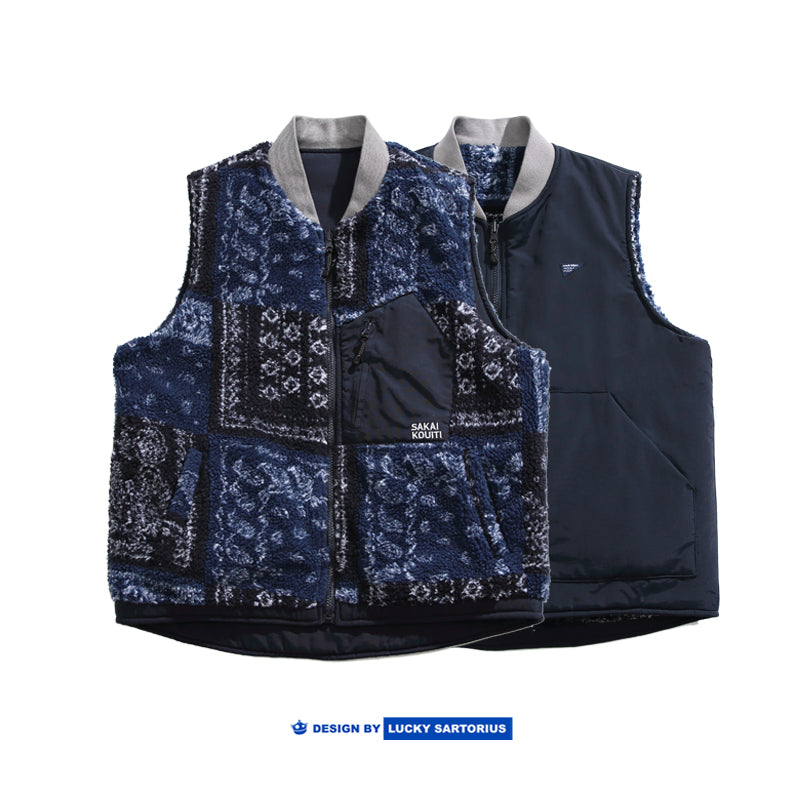 Japanese Perris pattern cashew nut flower reversible cotton vest young men and women autumn and winter thermal vest jacket men and women tide