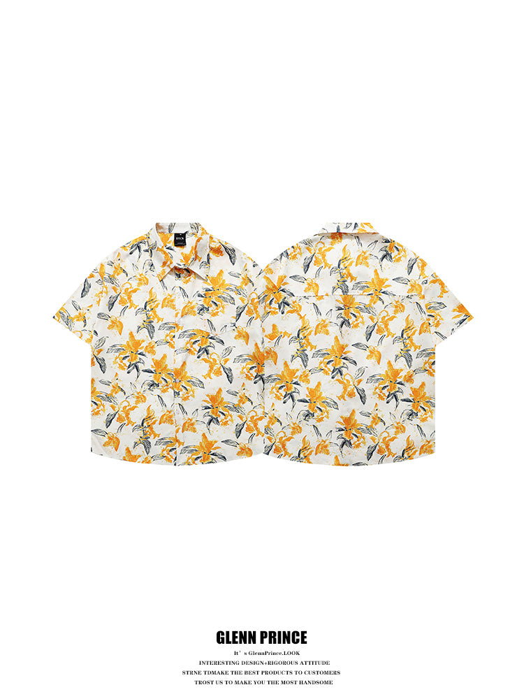 Japanese vintage floral all-over shirt men's Hawaiian seaside small fresh loose thin floral shirt