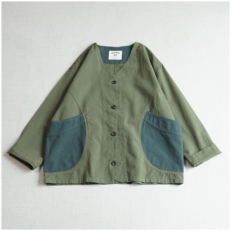Japanese Color-Blocked V-Neck Pocket Jacket – Retro Cotton Spring/Autumn (Unisex)
