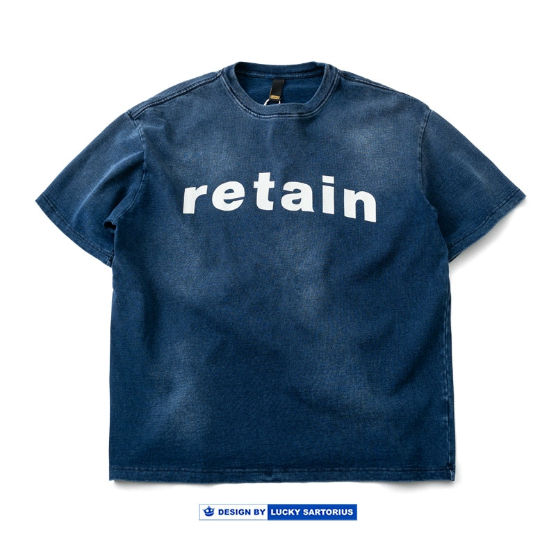 Japanese retro high grammage 320g washed indigo crew neck pullover short sleeve T-shirt English print T-shirt for men and women