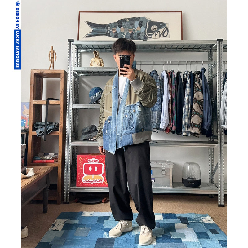 multi-material stitching deconstructed multi-pocket denim stitching robe jacket jacket for men and women