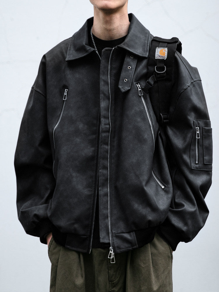 Double-Zip Stand-Collar PU Leather Jacket – Vintage Oversized Unisex