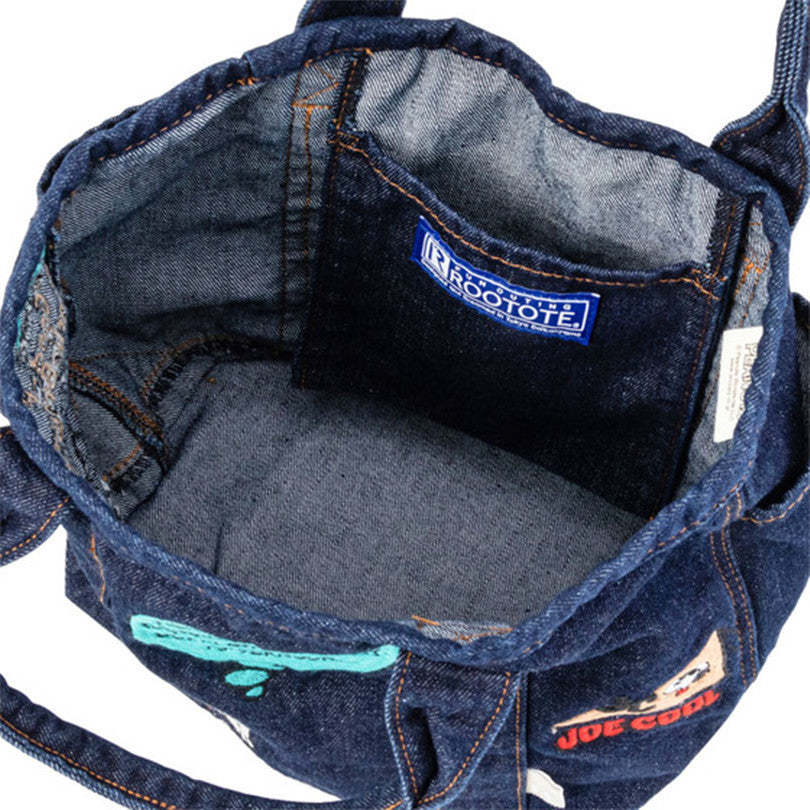 Denim Canvas Embroidery Tote Bag – Cute Cartoon Portable Handbag