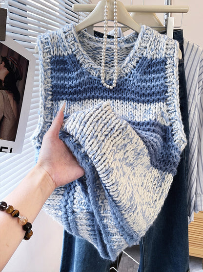 Blue Striped Chunky Knit Vest – Vintage Loose Preppy Sweater Top