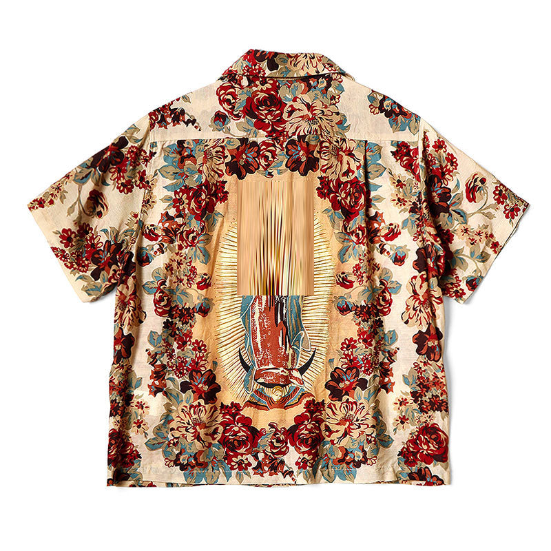 Portrait floral print casual lapel short-sleeved shirt