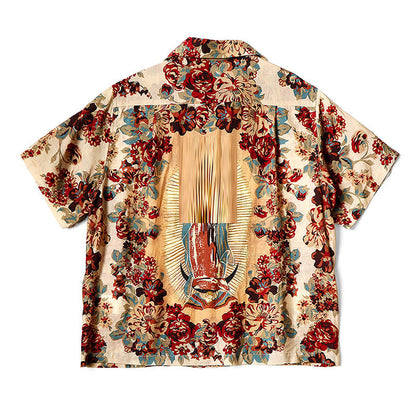 Portrait floral print casual lapel short-sleeved shirt