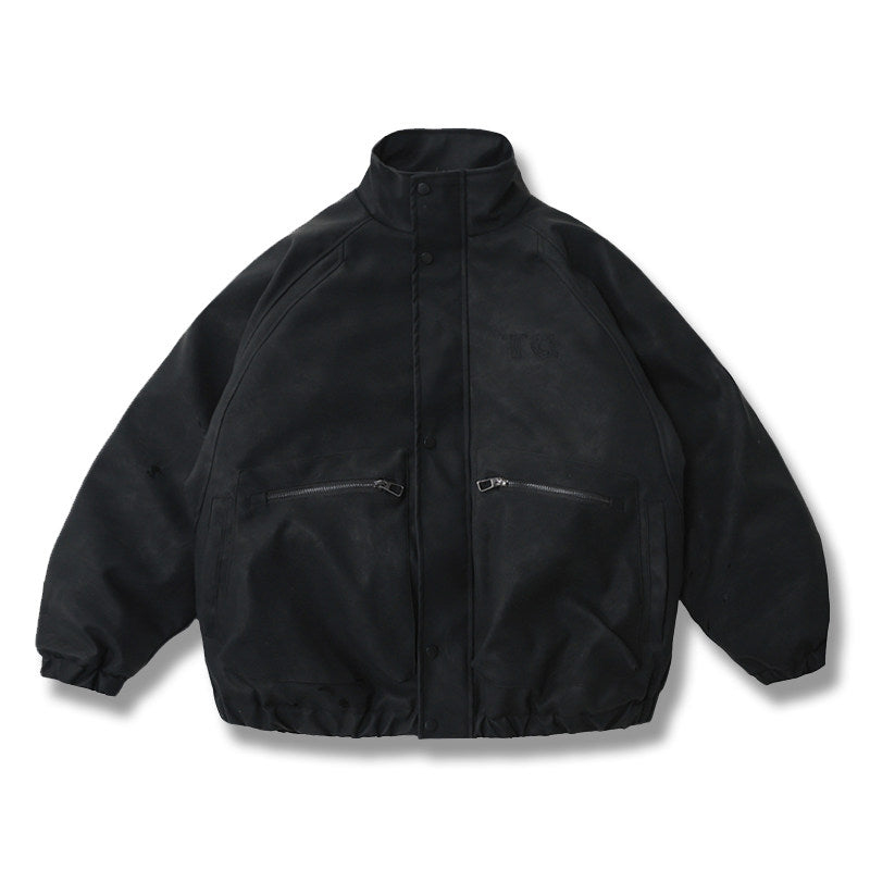 Embroidered Stand Collar Leather Jacket – American Retro Thickened Windproof Unisex – Coats Jackets | japanese streetwear | vintage workwear | unisex | Yamalinclothes