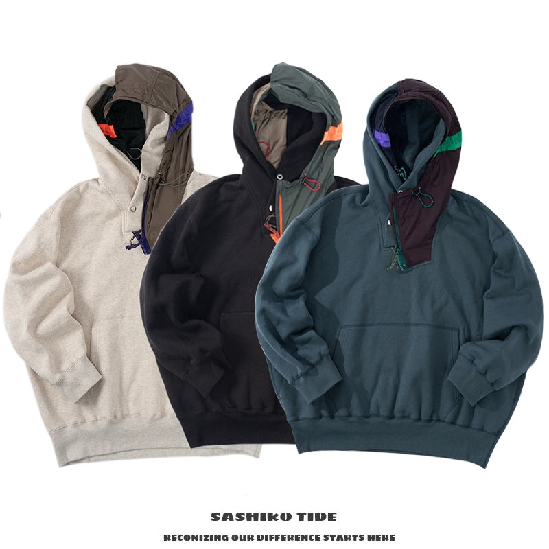 Three-color pure cotton Japanese nylon splicing irregular hooded loose sweatshirt